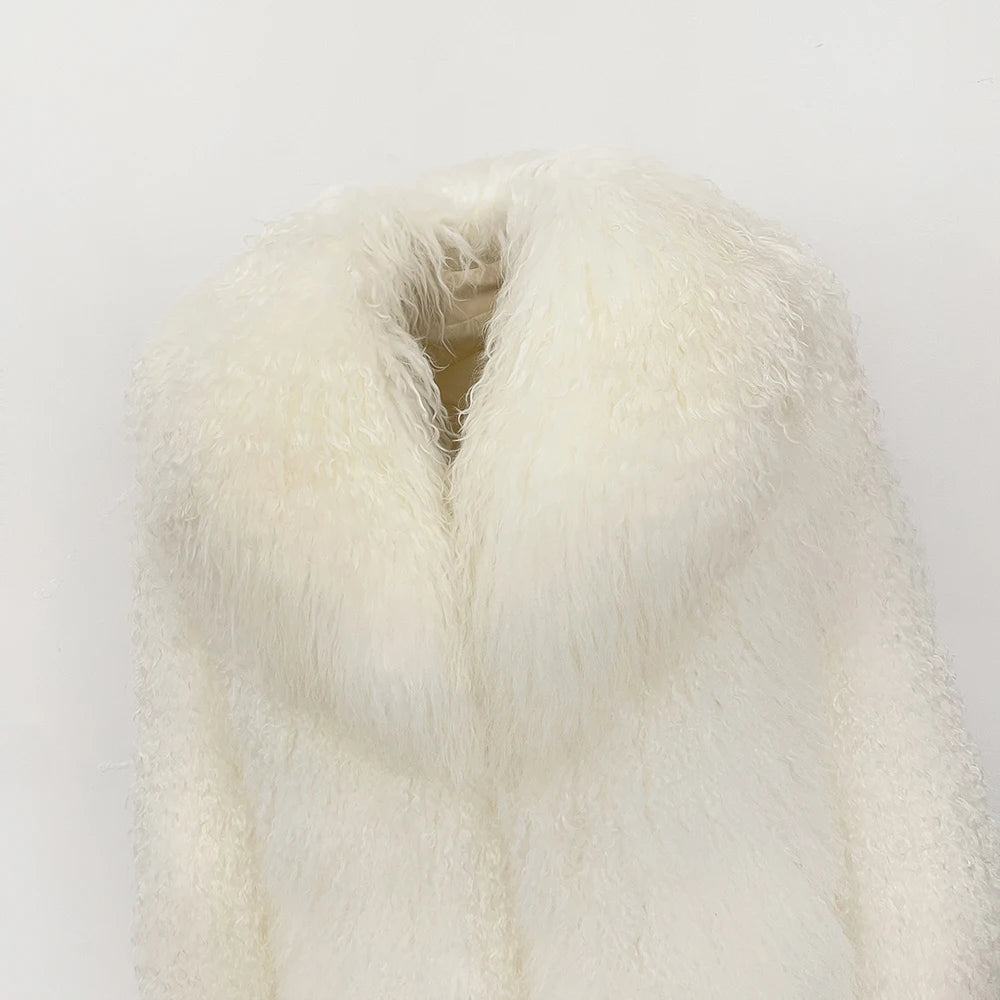 Close-up of a white fur stole on a light gray background
