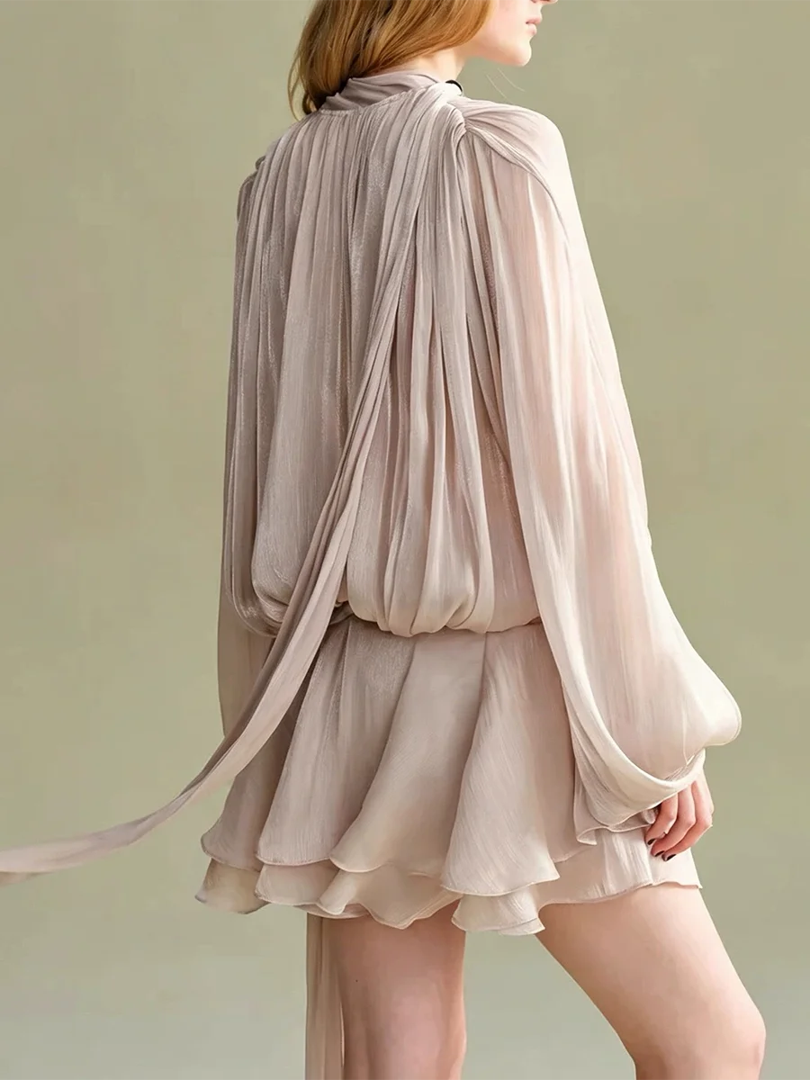Pleated Draped Sleeve V-Neck Mini Dress