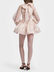 Pink Floral Puff Sleeve High Neck Scarf Mini Dress