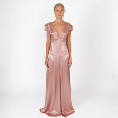 Satin Open Back Tie Up Short Sleeve Maxi Dress