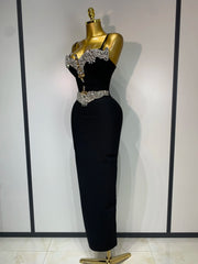 Black Strapless V-Neck Crystal Embellished Body-Con Maxi Dress Side View