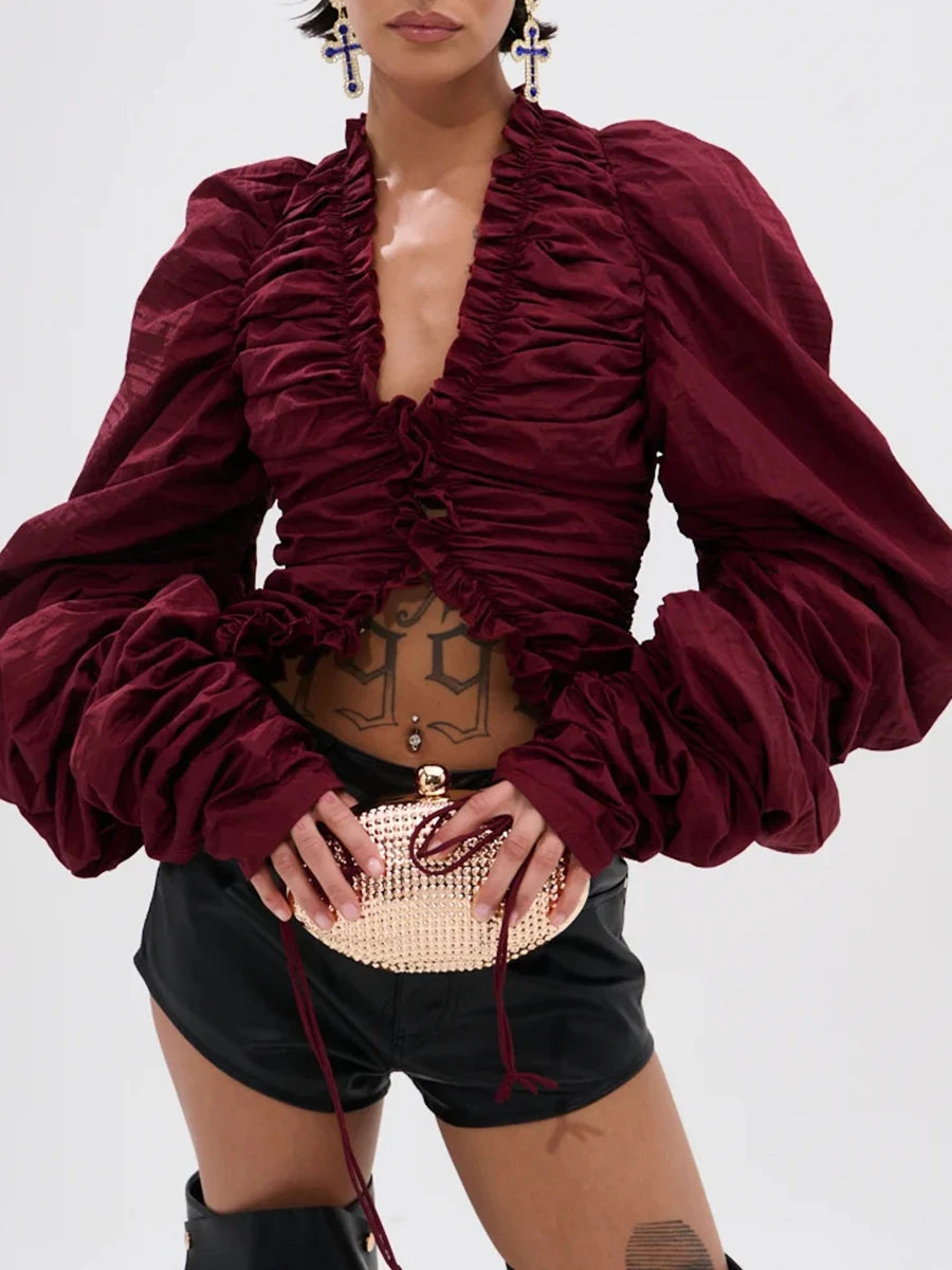 Ruched V-neck puff sleeve blouse
