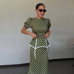 Polka Dot Puff Sleeve Peplum Dress