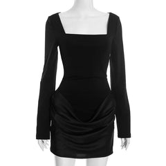 Square Neck Mini Dress with Satin Drape and Long Sleeves
