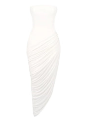 White Strapless Draped Maxi Dress with High Slit