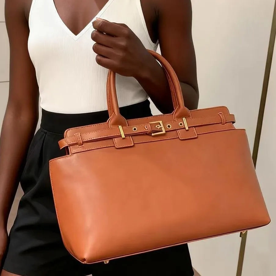 elegant top handle tote bag in black and tan