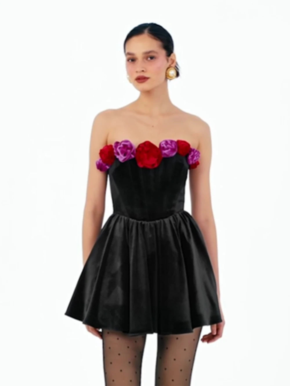 Splicing 3D Flowers Velvet Mini A-line Dress for Women
