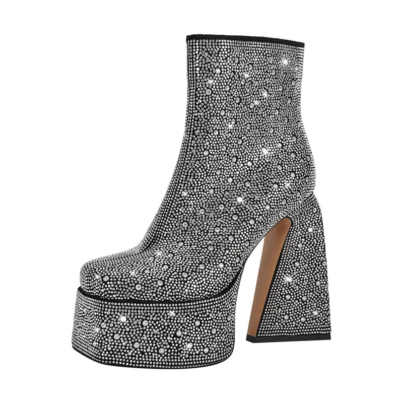 Black chunky platform rhinestone ankle boots