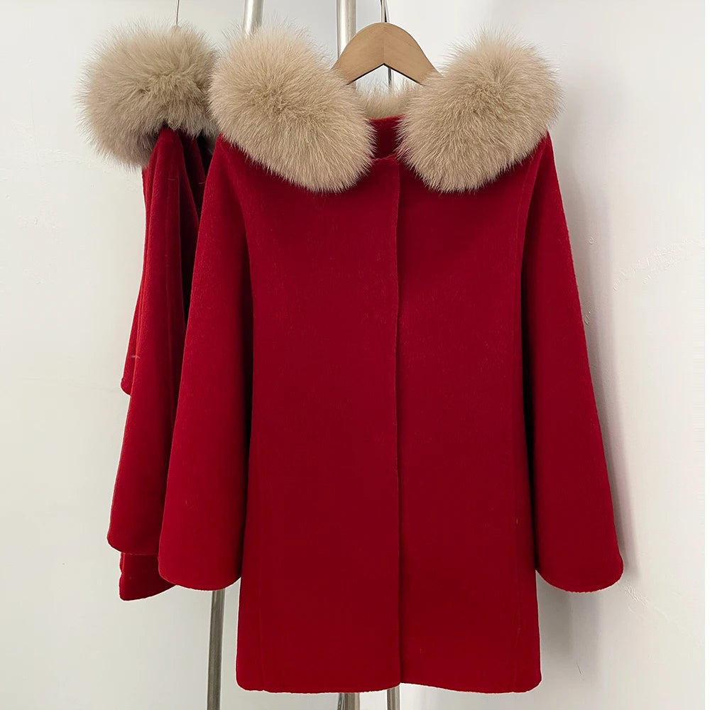 Tan wool blend coat with fur collar