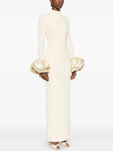 Ivory high neck maxi dress with rhinestone puff sleeves