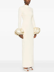 Ivory high neck maxi dress with rhinestone puff sleeves