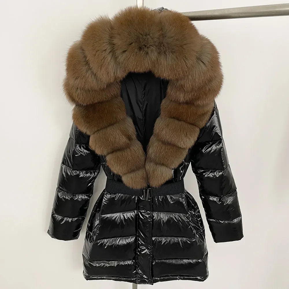 Black puffer jacket with brown fur hood