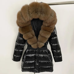 Black puffer jacket with brown fur hood