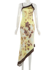 Diagonal Collar Plum Blossom Print Asymmetrical Hem Dress