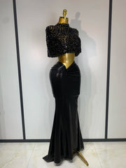 Black embellished mock neck sleeveless top and draped faux leather maxi skirt set