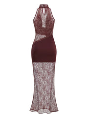 Burgendy Turtleneck Lace Patchwork Folds Maxi Dress