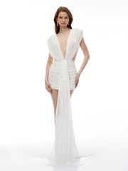 White draped v-neck mini dress close-up