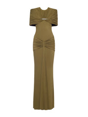 Draped O-Neck Metal Pin Ruched Waist Maxi Dress