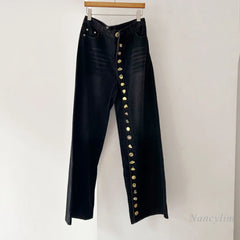 Patchwork Button Intricate Design Wide Leg Denim Pants