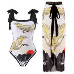 Floral Print Tie-Strap Bikini and Sarong Set