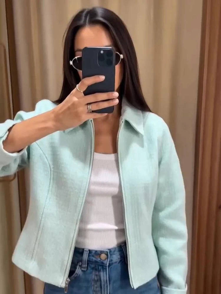 Tweed Zip-Front Cropped Jacket showing zipper