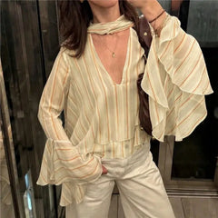 Striped V neck Flare Sleeve Top