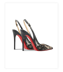 Black high-heeled shoes with red soles on a white background