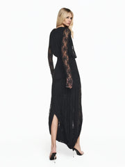 Back view of black lace split midi dress