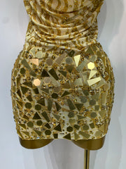 Gold Sequin Print Halter Openback Mini Dress