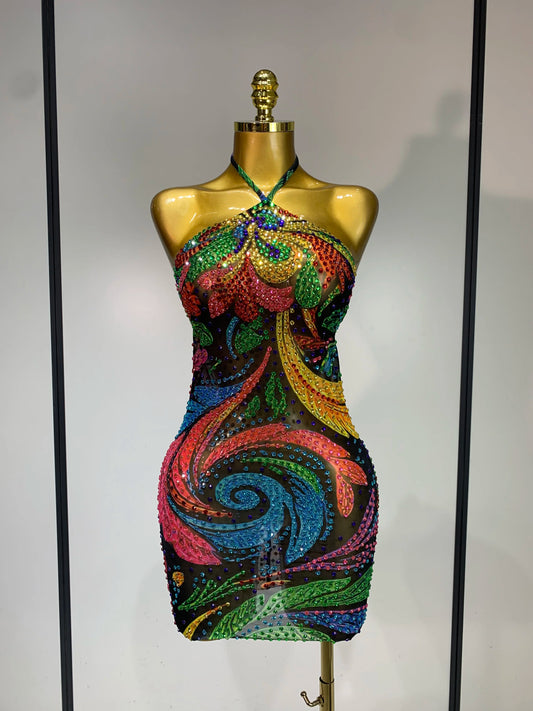 Sparkling print halter mini dress front view