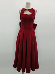 Burgundy Bow Backless Hollow Out A-Line Dress | O Neck Evening Gown