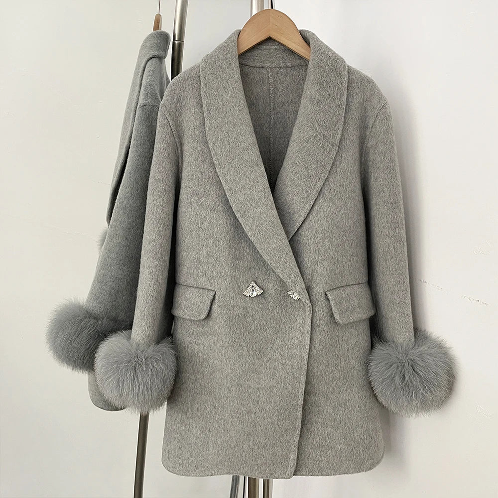 Grey wool coat with real fur cuffs