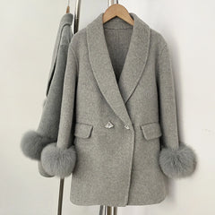 Grey wool coat with real fur cuffs