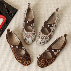 Embroidered Floral & Leopard Print Mary Jane Flats