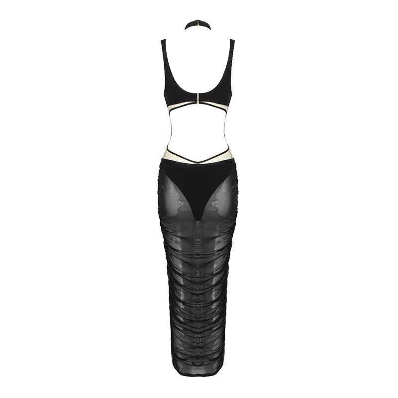 Black bodysuit with sheer panels on a white background