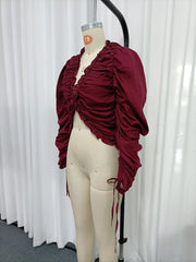 Red Ruched Drawstring Puff Sleeve Blouse