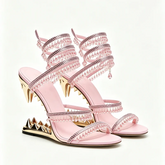 Pink crystal cutout wedge heel sandals with wraparound ankle strap