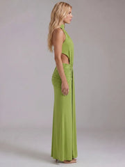 Green High Neck Draped Maxi Dress