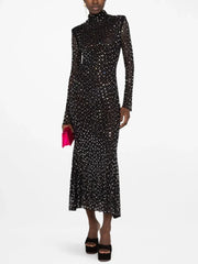 Crystal embellished turtleneck midi dress on a model, front view.