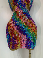 Colourful Diamond Backless Side Cut Out Mini Dress