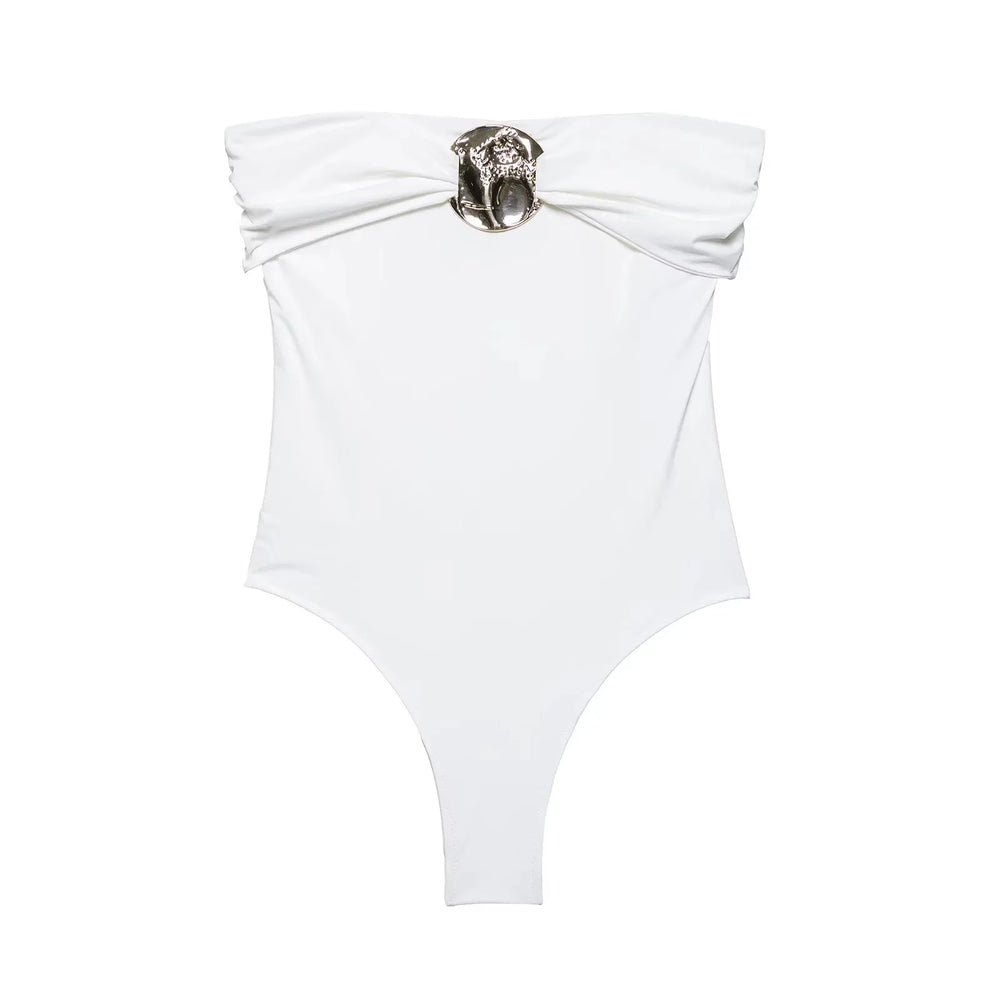 White swimsuit with a decorative bow on a white background