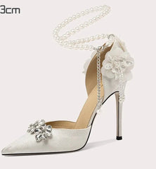 White Floral Pearl Anklet Heels | Crystal Flower Stiletto Sandals
