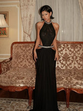 Black halter neck beaded cutout maxi dress