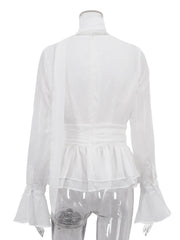 White Sheer Lace V-Neck Long Sleeve Top