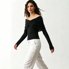 Off Shoulder Pleated Mesh Top