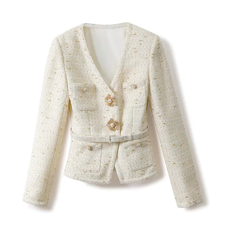 White textured blazer with floral embellishments