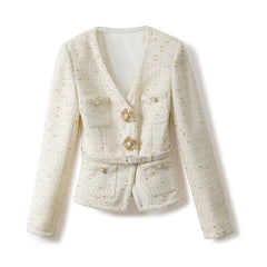 White textured blazer with floral embellishments