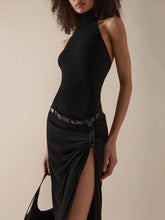 Black backless halter belt slit ankle dress.
