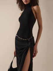 Black backless halter belt slit ankle dress.