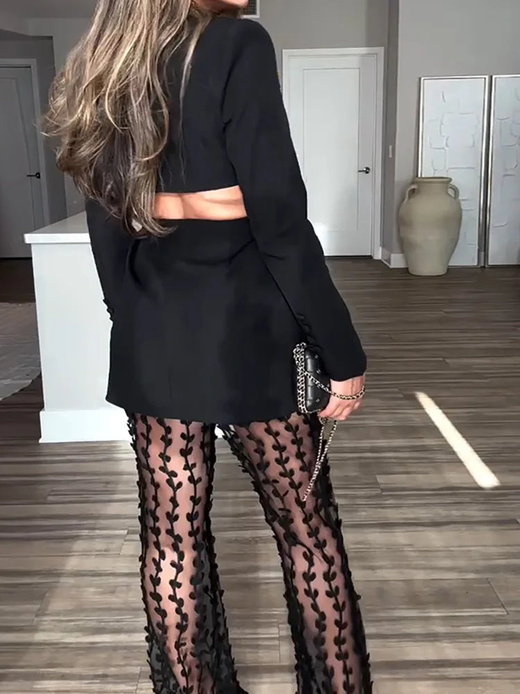 Deep V neck hollow out long sleeve suit set.